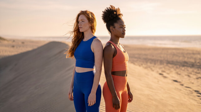 Two friends stand back to back gazing outward across the open beach dune