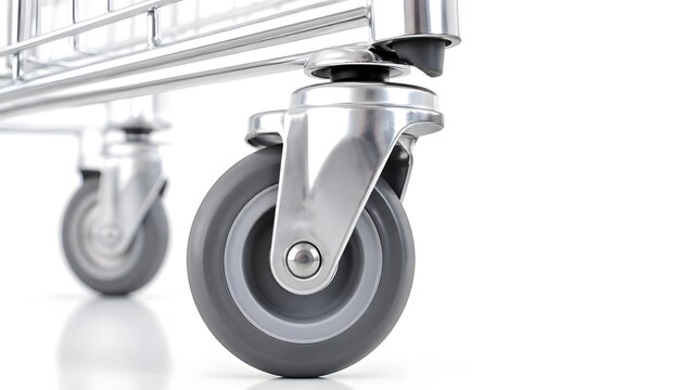 Shopping cart wheels macro detail for Black Friday retail commerce isolated on white background