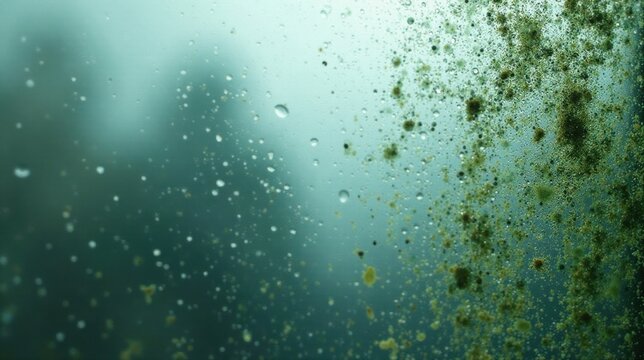 Abstract Teal Water Droplets and Green Particles Suspended in a Misty Atmosphere