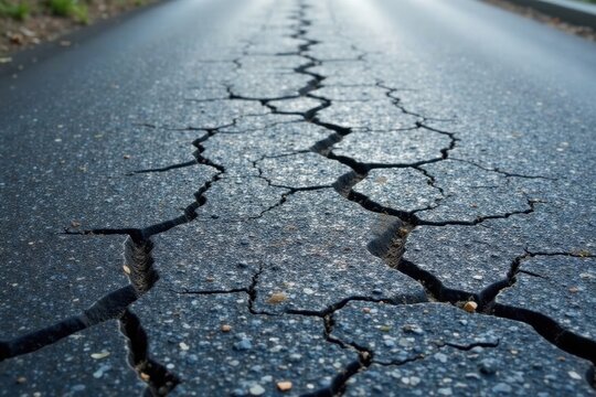 A Detailed Close-Up View of a Cracked Asphalt Road Surface Revealing a Network of Deep Fissures and Irregular Patterns