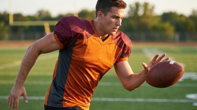 Young American football player running with ball on field during game.