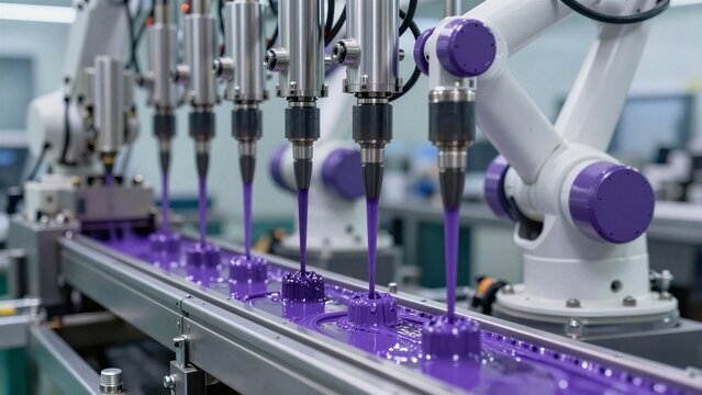 Automated robotic arms precisely apply vibrant purple anodized coating onto pistons moving along a conveyor belt in a modern industrial facility.