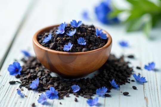 A wooden bowl brimming with dark-hued granules, adorned with delicate blue blossoms, rests on a light-colored wooden surface, scattered granules surrounding the bowl.