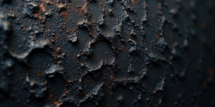 Close-up Texture of Dark, Rough Surface with Oxidized Spots and Uneven Terrain