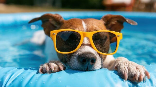Relaxed dog wearing bright yellow sunglasses lounging on blue inflatable float in clear outdoor swimming pool on sunny day