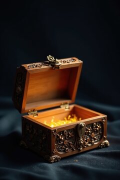 Intricately Carved Wooden Chest Overflowing with Gleaming Gold Treasure, A Symbol of Wealth and Prosperity