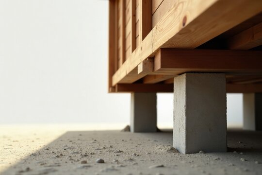 Wooden structure's foundation supported by concrete blocks on a sandy surface, showcasing construction details