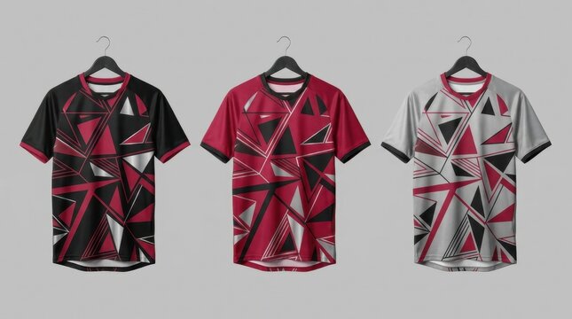 Three modern abstract geometric pattern t-shirts displayed on hangers.