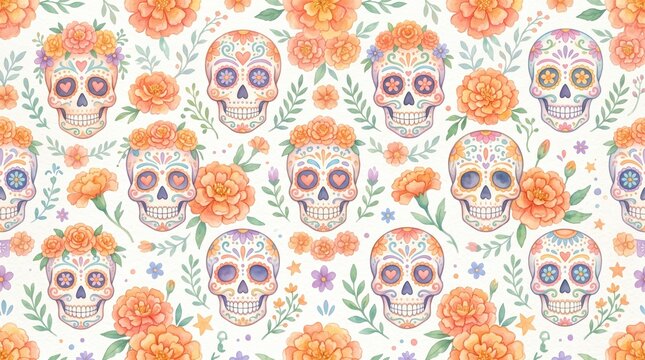 Pastel sugar skulls pattern exhibits soft watercolor floral arrangements.