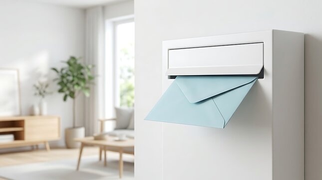 Light blue envelope emerging from a modern white wall mounted mailbox in a bright living room interior