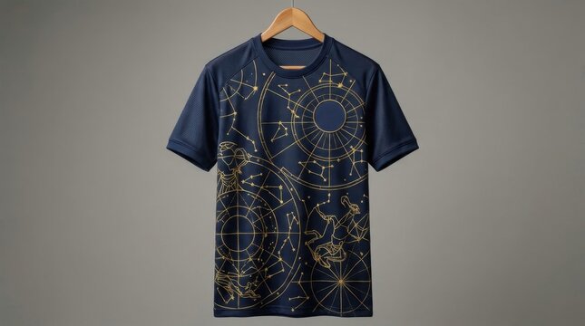 Dark T-shirt with intricate celestial and mechanical design hanging on a wooden hanger.