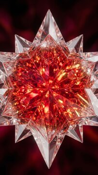 Glowing red ruby crystal star with intricate glass facets on dark background