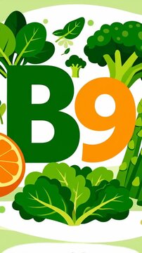 B9 folic acid sources illustration with leafy green vegetables and citrus fruits, healthy diet concept featuring broccoli asparagus lettuce and orange