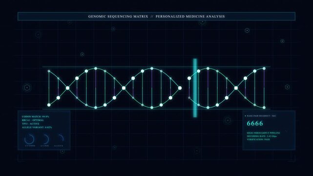 Abstract digital animation of dna helix on dark futuristic interface screen with data streams and graphs