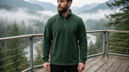Obraz premium Man Wearing Green Fleece Pullover Standing on Wooden Deck with Mountain Background.