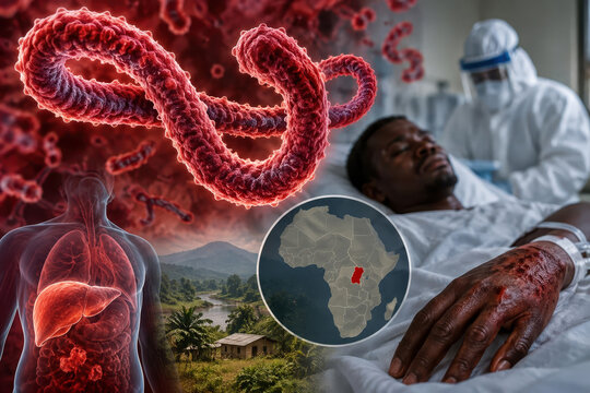 Bundibugyo ebola virus outbreak concept image with hemorrhagic fever patient clinical care West Africa map organ damage symptoms and virus particle illustration