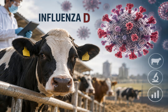 Influenza D virus outbreak in cattle veterinary research and disease surveillance concept cow herd biosecurity livestock respiratory virus monitoring agriculture epidemiology One Health