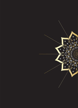 Luxury black horizontal background with silver and gold floral mandala on right side