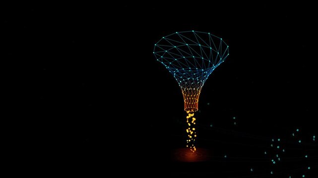 Quantum data refiner funnel processing glowing digital particles
