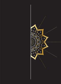 Luxury black background with silver and gold floral mandala ornament and vertical line divider on right side