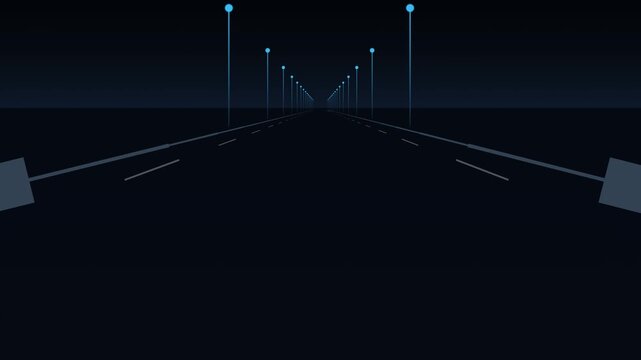 Stylized minimal night driving animation from dashboard perspective featuring blue streetlights continuous road movement and sudden appearance of debris hazard obstacle on highway