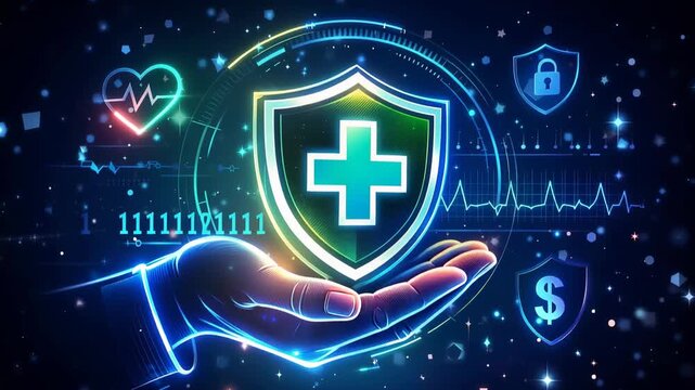 Digital healthcare protection concept with medical shield above hand and glowing data icons