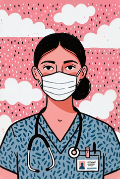 A focused female healthcare worker wearing a surgical mask and a blue stethoscope illustration against a pink background with clouds, representing doctor and nurse dedication in medical care.