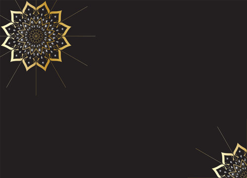 Luxury black horizontal background with silver and gold floral mandala ornaments on top left and bottom right corners