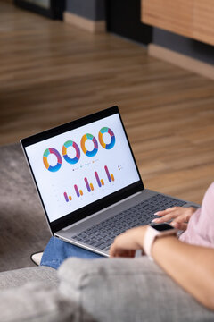 Silver laptop displaying colorful donut and bar charts on lap on gray couch, hands typing