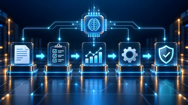 Artificial intelligence automated business process workflow showing continuous data processing analytics and secure output pipeline.