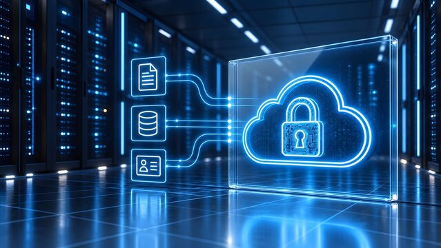 Secure cloud computing concept with glowing padlock database icons and document data transfer inside futuristic server room.