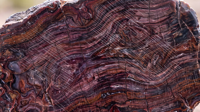 Macro close up of polished petrified wood slab displaying intricate mineralized reddish brown annual tree rings and colorful quartz agate crystal patterns in ancient fossilized timber