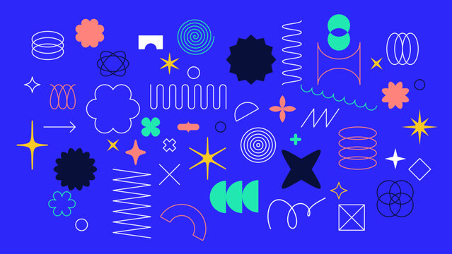 Abstract geometric primitive shapes retro elements. Postmodern minimalist symbols, y2k star spiral squiggle zigzag swirl line art. Graphic assets isolated background illustration set