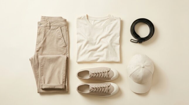 Flat lay of casual mens clothing and accessories arranged neatly on a plain background.