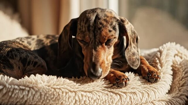 Cute dachshund dog relaxing and sleeping peacefully on a fluffy white bed in soft sunlight at home.