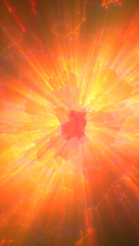 Abstract orange and yellow energy burst with intense glowing rays, resembling a solar flare or fiery plasma explosion.