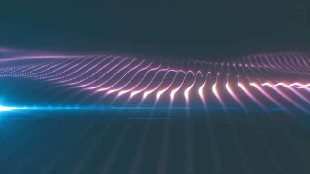 Glowing pink and purple particle wave with a bright lens flare on a dark blue background, visualizing digital signals, sound, energy, and data flow.