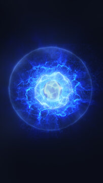 Abstract blue plasma sphere with glowing electric core, luminous particles, and dark cosmic background for futuristic energy concepts.