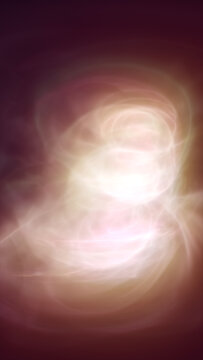 Glowing pink and peach light trails curl into an airy abstract formation with bright white highlights against a deep burgundy background.