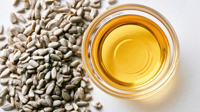Close up of raw sunflower seed kernels next to a glass bowl filled with golden yellow sunflower oil on white surface for cooking and health use