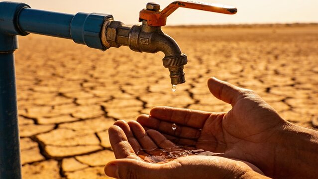 Hands catch water from a faucet over cracked ground during a drought