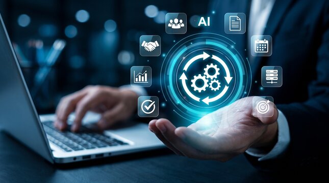 Businessman developing digital automation and AI workflow optimization system, representing process management, operational efficiency, business technology, and digital transformation strategy