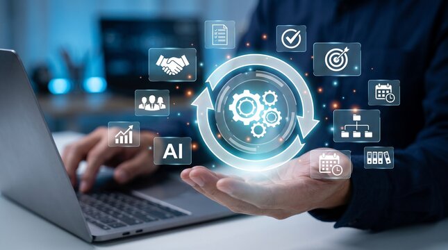 Businessman developing digital automation and AI workflow optimization system, representing process management, operational efficiency, business technology, and digital transformation strategy