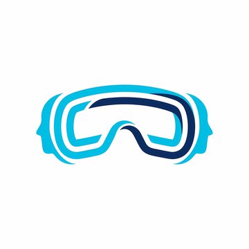 Virtual reality headset logo features a sleek modern design combining blue and dark blue graphic elements representing immersive technology.