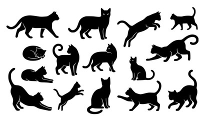Obraz premium Black Cat Silhouette Playful Standing Pose Vector Icon Set