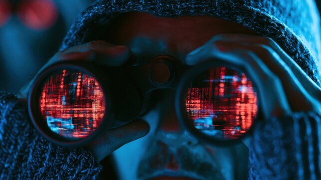 Man looking through binoculars with digital data reflection in low light cyber surveillance concept close-up