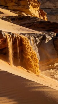 Vertical video: Sliding loose sand from sandstone ledge to dune slope in canyon, wind lifting dust