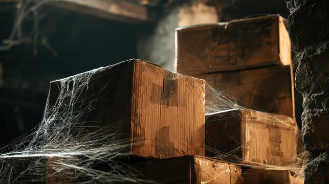 Old dusty cardboard box with cobwebs in dimly lit abandoned storage room with stone wall background