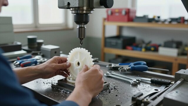 A skilled technician carefully machines a white plastic gear using industrial drill press equipment within a well-equipped workshop environment.