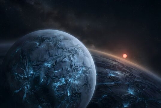 Frozen Alien Exoplanet with Cracked Icy Surface Orbiting Distant Red Star